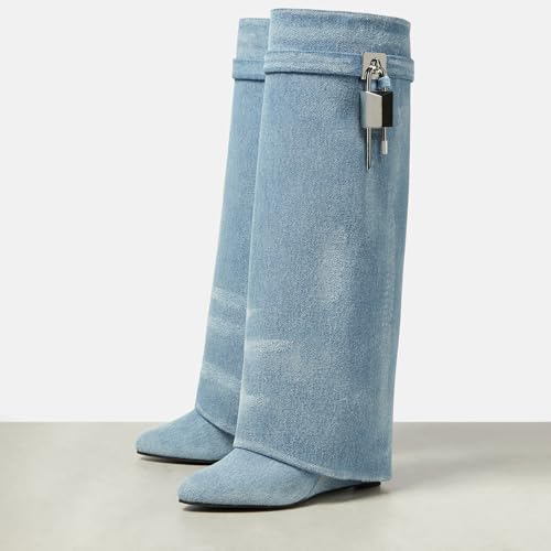 Image of Arqa Knee High Boots Womens Wedge High Heels Shark Boots Fold Over Pull-on Pointed Toe Tall Fashion Boots for Women