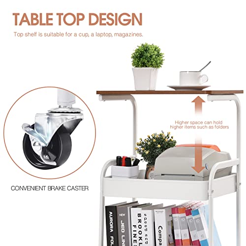 Toolf Utility Cart With Wooden Table Top, 3-Tier Metal Storage Cart, White Trolley Kitchen Organizer Rolling Desk With Locking Wheels For Office, Classroom, Home #TOP2