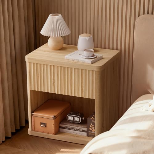 Image of Fluted Night Stand Set 2, Large Wood Bedside Table Set of 2 with Drawer and Storage Shelf for Bedroom, Small Spaces