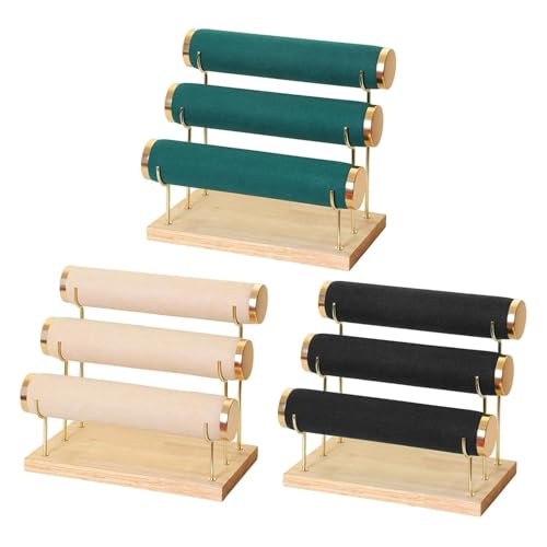 Image of Wooden Metal 3 Roll Cream Gold Metal Chrome Finished Wooden Jewellery Display Stand