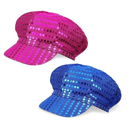 SAIIURV 2 Pack Sequin Hat Glitter Hat Cap Abba Hat for Women Girls 70s Sequin Hats Party Hats Flash Sequined Headwear Abba Fancy Dress Disco Costume for Theme Party Birthday Dance (Blue Rose red)