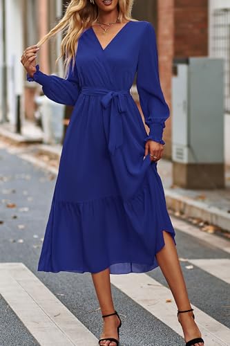 Image of PRETTYGARDEN Women's Floral Boho Dress Fall Long Sleeve Wrap V Neck Ruffle Flowy Maxi Spring Wedding Guest Vacation Dresses