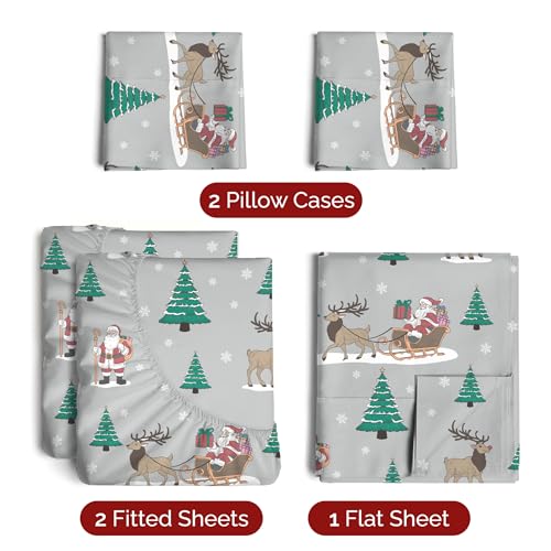 Split King Christmas Santa’s Sleigh Sheet Set - Holiday Xmas Pattern Bedding Set - Deep Pockets - Snug Fit - 5 Piece - Wrinkle Free - Cozy Festive Winter Holiday Sheets for Women, Men, Kids & Teens