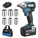 WESCO Bürstenloser Akku Schlagschrauber, 4.0 Ah 18V Akku 300 Nm Drehmoment 3200 Umdrehungen/Min 1/2 Zoll-Steckschlüssel Vierkantantrieb leistungsstarker brushless Motor, mit 6 Schlagstecknüssen