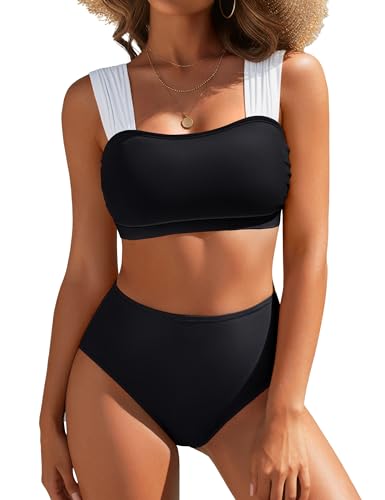 Blooming Jelly Womens High Waisted Bikini Color Block Tummy Control Swimsuits Shapewear Sporty Supportive Bathing Suit (L, Black)