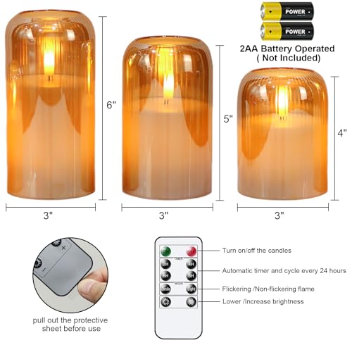 Image of Eldnacele Gold Glass Flameless Candles with Remote and Timer, Battery Operated 3D Wick Flickering LED Pillar Candles for Dinner Wedding Holiday Decor(3Pcs, D3xH4 /5 inch /6 inch)