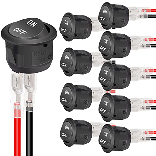 Twidec/10Pcs 12V Round Rocker Switch ON Off AC 6A/250V 10A/125V SPST 2 Pin 2 Position 12 Volt DC Circle Toggle Switch for Car Boat Automotive RV Black with Wires KCD1-5-101-ON-OFF