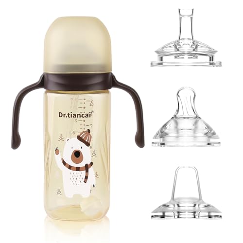 Kinder Trinkflasche, Trinklernbecher für Babymonate 6+, Baby Trinkbecher mit Griffen Auslaufsichere Lecksicher, Baby Strohbecher Soft Auslauf Cup 260ml, mit 3 Arten Silikon Tüllen, BPA frei (Braun)