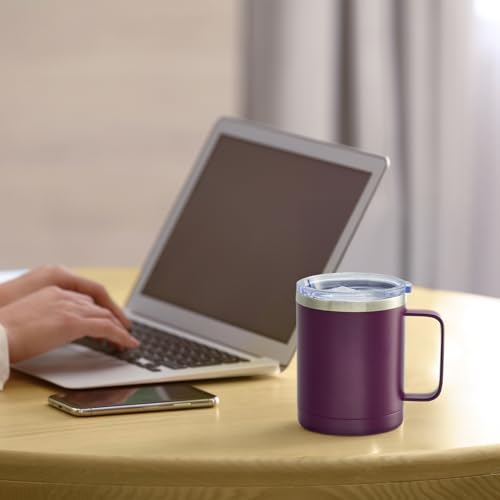 Image of MEWAY 12oz Coffee Mug With Handle and Sliding Lid,Stainless Steel Travel Tumbler Cup with Handle,Double Wall Vacuum Insulated Camping Cup for Hot & Cold Drinks Tea (Plum,Set of 1)