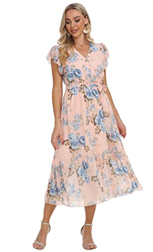 VintageClothing Womens Sundress Casual Floral Summer Boho Dress Flowy Wrap V Neck Ruffle A-Line Pleated Hem Midi Dresses, L Light Peach