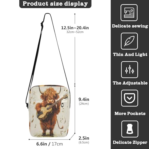 mens messenger bag Shoulder Bag Cross Body Purse Adjustable Strap for work work - Cute Highland Cow Music3