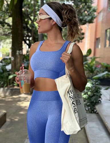 Image of OLCHEE Womens Workout Sets 2 Piece Seamless Square Neck Sports Bra Padded Butt Lifting Leggings High Waist Yoga Gym Outfits