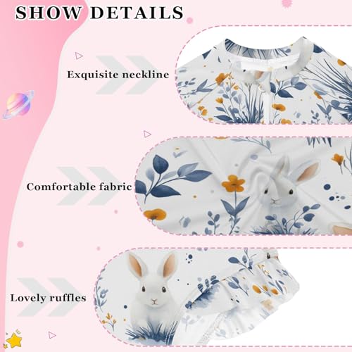 White Rabbit Grass Girls Long Sleeve Swimsuit Rash Guard One Piece Bathing Suits Zipper 3-12T4