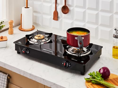 Image of Amazon Basics 2 Burner LPG Gas Stove with Toughened Glass-top | ISI APPROVED | Tri-pin Brass Burners with spill-proof and easy-clean design | Anti-skid legs (Black)