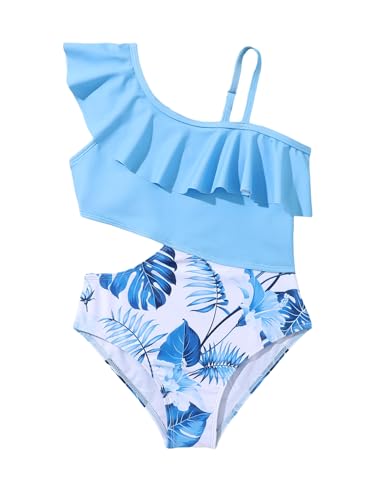 OYOANGLE Girl's Plants Print One Piece Swimsuits Ruffle Trim Asymmetrical Neck Cut Out Bathing Suits