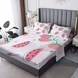 Fizzenobia Watermelon Sheets Queen Size Bed Set - Watermelon Decor, Strawberry Fruit Bed Sheets & Bedroom Decor, Soft Breathable Microfiber Deep Pocket Patterned Bedding Sheets & Pillowcases