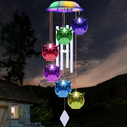 Solar Wind Chimes for Outside - 37" WANQDG 6 LED Owl Color Changing Wind Chime with 4 White Metal Tube, Music Wind Chimes Great as a Gift for Women Mom Grandma Best Friends' Birthday Gift