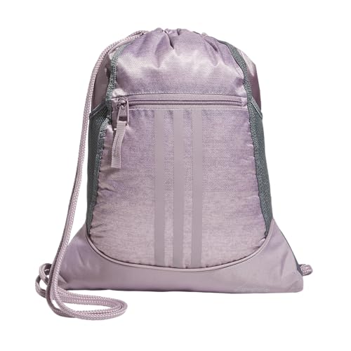 Image of adidas Alliance Sackpack Discontinued, Jersey Preloved Fig Light Purple /Preloved Fig Purple /Silver Metallic, One Size, Alliance Sackpack (12l) Lightweight Athletic Small Drawstring Team Sports Workout