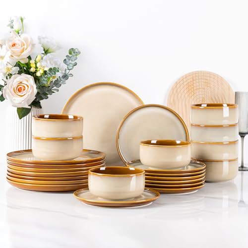 Image of LERATIO Ceramic Dinnerware Sets for 8,Plates and Bowls Sets,Reactive Glaze Dishes Set,Highly Chip and Crack Resistant | Dishwasher & Microwave & Oven Safe Dishes set,Service for 8-Kahki (24pc)