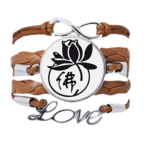 Bracelet bouddhisme en cuir noir tressé main avec médaillon lotus raffiné