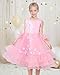 Sunny Fashion Girls Dress Pink Tulle Floral Applique 3/4 Sheer Mesh Sleeve Wedding Party Size 7