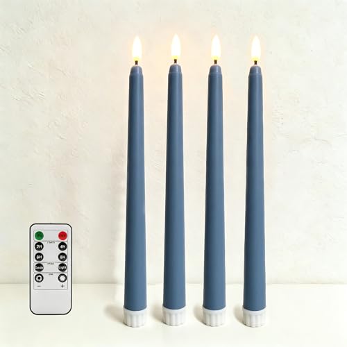 Image of Dusty Blue Flameless Taper Candles with Remote, Flickering Battery LED Candlesticks Home Decor Set of 4