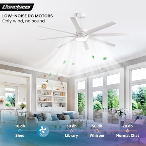 Image of Conciseer 65 Inch Ceiling Fan with Light and Remote Control for Bedroom Living Room Kitchen Home Office, Indoor /Outdoor Use, 6CCT Dimmable, 8 Blades 6 Speed Reversible Quiet DC Motor, White