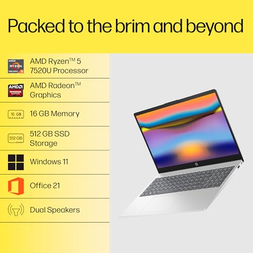 HP 15, AMD Ryzen 5 7520U,(16GB LPDDR5, 512GB SSD), Anti-Glare, Micro-Edge, FHD, 15.6''/39.6cm, Win 11, Office 24,M365 Basic(1yr)*,Silver, 1.59kg, fc0690au, FHD Camera, Backlit KB Laptop view 2