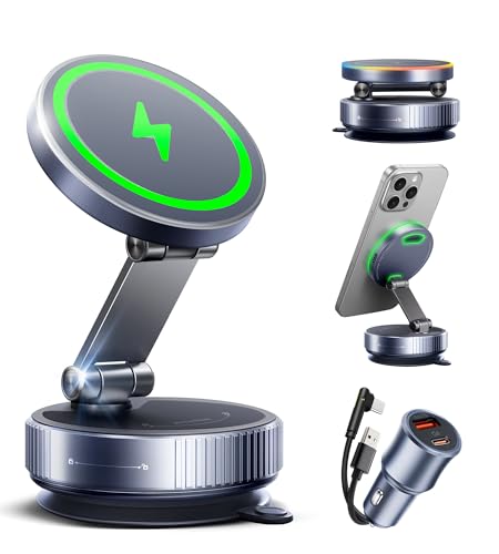 Image of Magnetic Phone Charging Holder Mount for Magsafe Car Mount Charger, 15W Fast Charger Wireless [108+LBS Suction & 3800gf Magnetic], 360 Adjustable Vacuum Holder for iPhone 12-17 series (with Adapter)