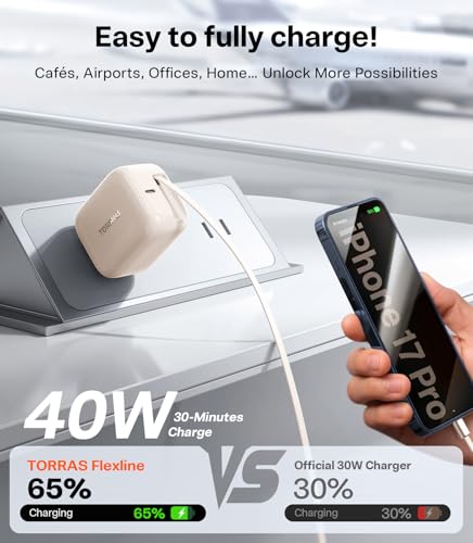 Image of TORRAS FlexLine 35W USB C Charger, Dual-Port GaN Retractable Charger, Gold
