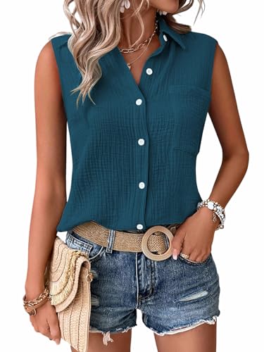 Image of GLASGO Women's 100% Cotton Sleeveless Button Down Shirt | Casual Summer Collared Tank Top | Soft Breathable Fabric Stylish Piece