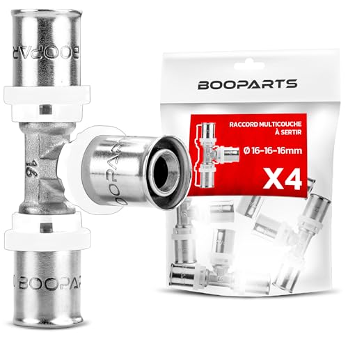 BOOPARTS – 4 Pièces – Té Égal à Sertir Ø16 (16–16–16 mm) | Raccord Multicouche Contour TH | Raccord Plomberie Chauffage Étanche pour Eau Chaude et Sanitaire