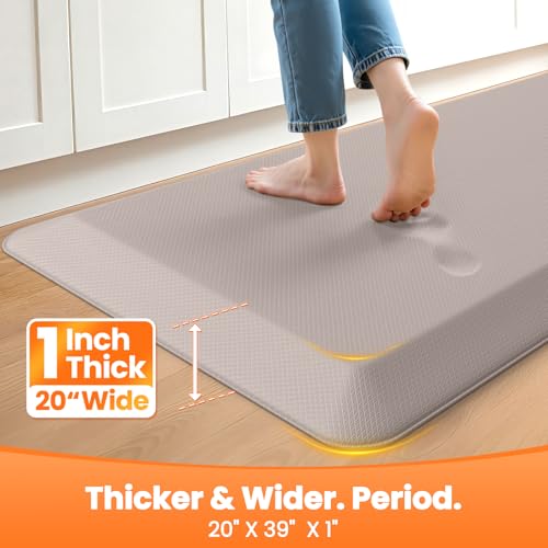 Image of Kitchen Mats for Floor, 1 Inch Extra-Thick Kitchen Rugs, Non-Slip & Waterproof Standing Desk Mat, Comfort Anti Fatigue Mats for Kitchen Floor, Home, Sink, Office (20 inch X 39 inch, Khaki)