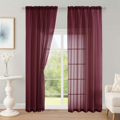Image of OWENIE Sheer Curtains 2 Panels Set for Bedroom Living Room, Soft Solid Rod Pocket Light Filtering Window Treatment, 2Pcs Each 59 inch W x 90 inch L, Burgundy Wine
