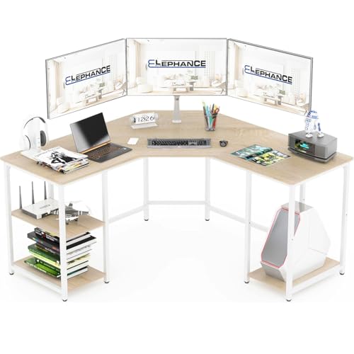 Elephance Large L-Shaped Computer Desk with Shelves, Corner Desk, Home Office Writing Workstation, Gaming Desk PC Latop Table with Storage