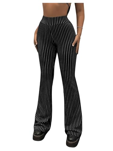 Floerns Women's Striped Bell Bottom Pants Elastic High Waist Casual Flared Trousers