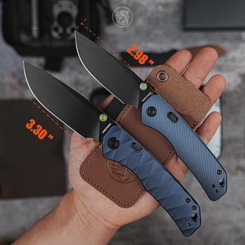 Image of Vosteed Marten EDC Folding Pocket Knife - 3.30 inch 154CM Black Stonewash Blade - Top Liner Lock, Dark Slate Blue Aluminum Handle - Camping, Fishing Knives - A1615