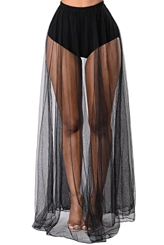 Rave Outfits for Women 2 in 1 Sheer Skirt Festival Clubwear Mesh High Waist Print A Line Maxi Skirt Black2#-S