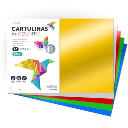 Cartulina de Colores Metalizadas, Cartulina Grande A3 (29,7x42cm) Cartulinas de Colores 230gr para Manualidades, Diseños Creativos y Proyectos Arte, Brillo Reflectante · m-office (10 hojas, Surtido)