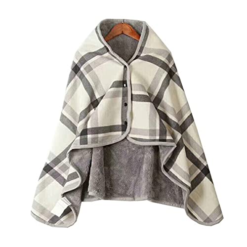 VIGAN Calda coperta a scialle indossabile per esterni, coperta in flanella con cappuccio a due lati con bottoni in peluche (A: griglia grigia)