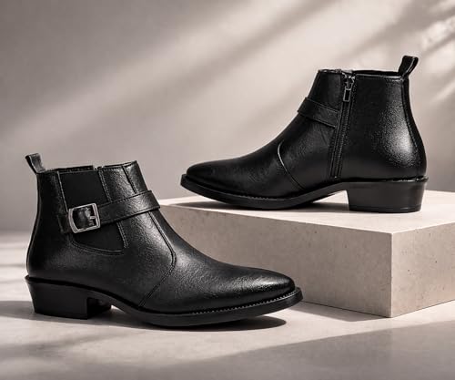 Image of Kraasa Men's Synthetic Leather Ankle Boots with Side Buckle Strap, Elastic Panel & Durable TPR Sole Casual & Formal Wear Boot