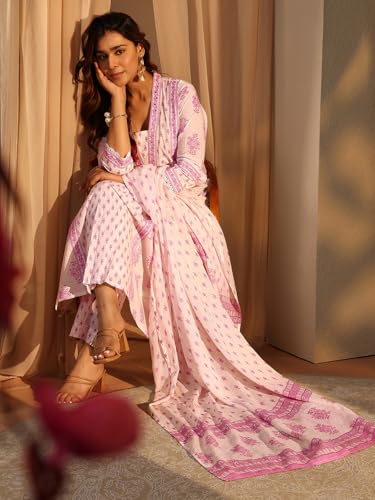 Image of Libas Printed Cotton A Line Kurta With Trouser and Dupatta | daily wear suit