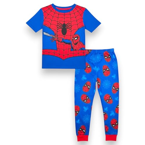 Marvel Spiderman Little/Big Boys Soft Pajama Set -2 Piece Boys PJ Set- Short Sleeve Shirt & Pants - Official License Red/Blue Spider Print 6