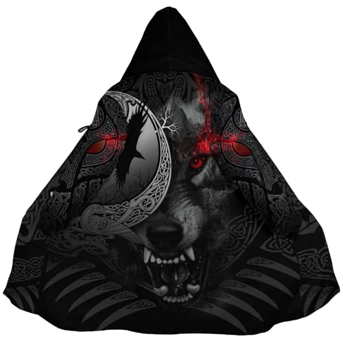 Viking 3D Print Men's Winter Faux Cashmere Warm Parka Coat Fenrir Wolf Coats with Hood Stylish Mid Long Unisex Cape