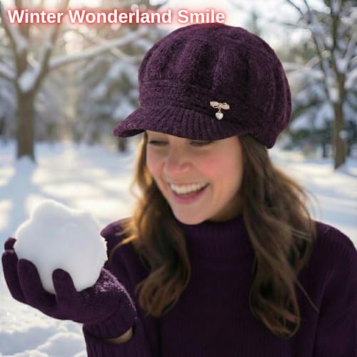 Image of Kraptick Women's Winter Knit Visor Beanie Hat with Soft Fleece Lining, Stylish Woollen Slouchy Warm Cap for Ladies, Snow Sun Shield Knit Cap for Winter -2