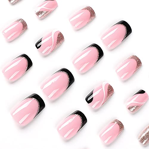 French Tip Press On Nails Pink Acrylic Glossy Fake Nails Medium Length Square Full Cover Glue On Nails Stick On Nails Gold Foil Stripe False Nails With Designs For Women Girls Nail Decorations 24Pcs #TOP4