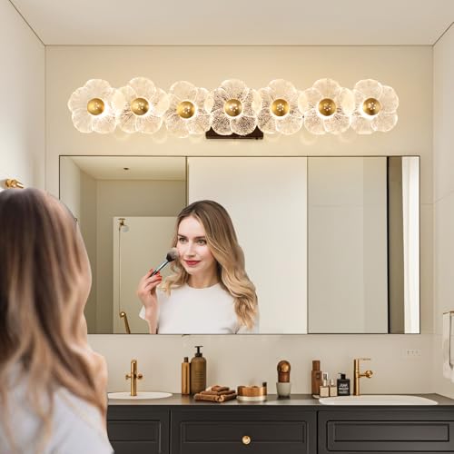 Image of MantoLite Bathroom Light Fixtures Modern Vanity Light Over Mirror Adjustable 3000K-6000K Picture Lights Art Light with Floral Clear Glass Shades for Living Room Bedroom Wall Sconces (7 Light Black)