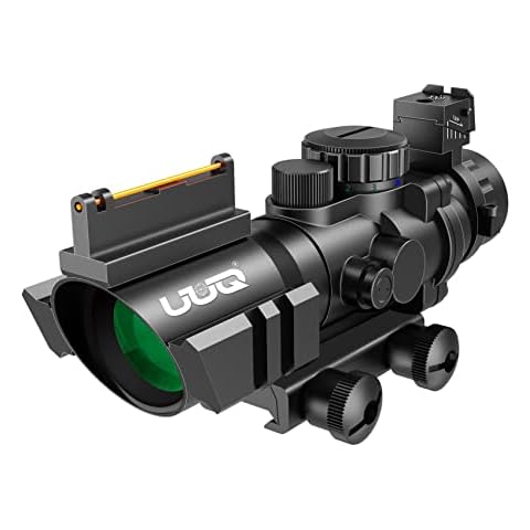 UUQ Prism 4x32 Red/Green/Blue Triple Illuminated Rapid Range Reticle Rifle Scope W/Top Fiber Optic Sight and Weaver Slots Cover