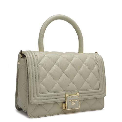 Image of Da Milano Leather Satchel for Women - Khaki | Genuine Leather Handbag with Push Lock, Top Handle & Detachable Strap