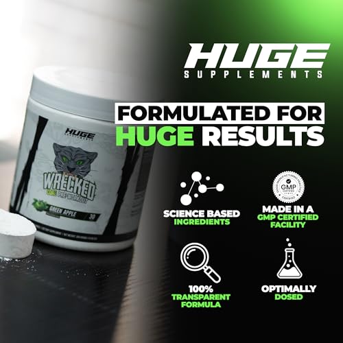 Image of Wrecked Core - All-in-One Pre-Workout Supplement for Men & Women, Increase Energy, Focus & Pumps with L-Citrulline, Beta-Alanine, L-Tyrosine & More (30 Servings) - Green Apple